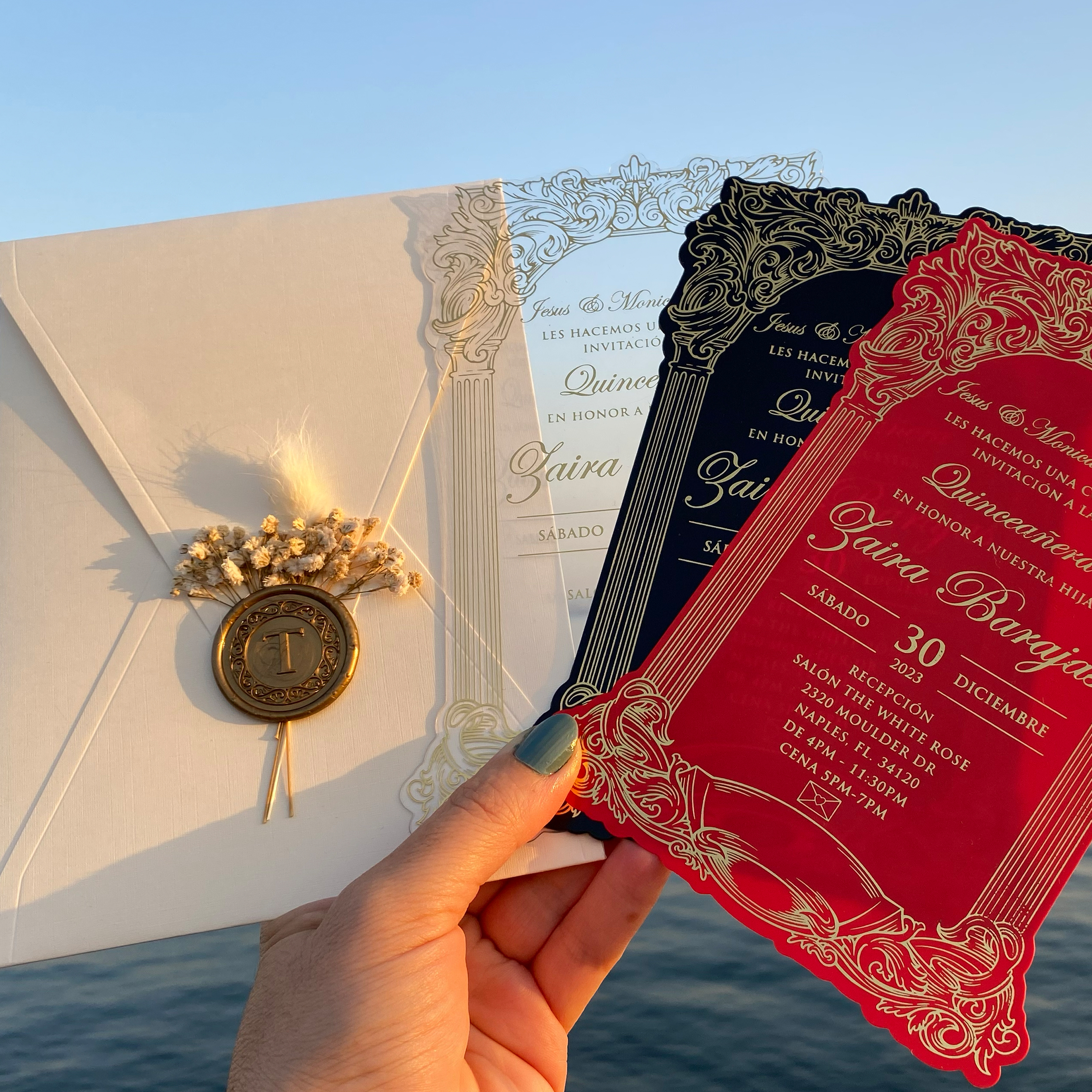 Custom cut acrylic Quinceanera invitations. Acrylic Quinceañera Invitation. Ivory envelope. Gold foil print. Gold Wax seal